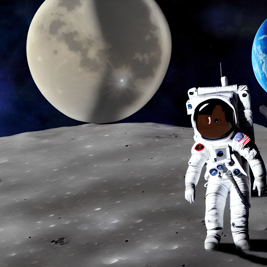 Astronaut on lunar surface with Earth and large moon.