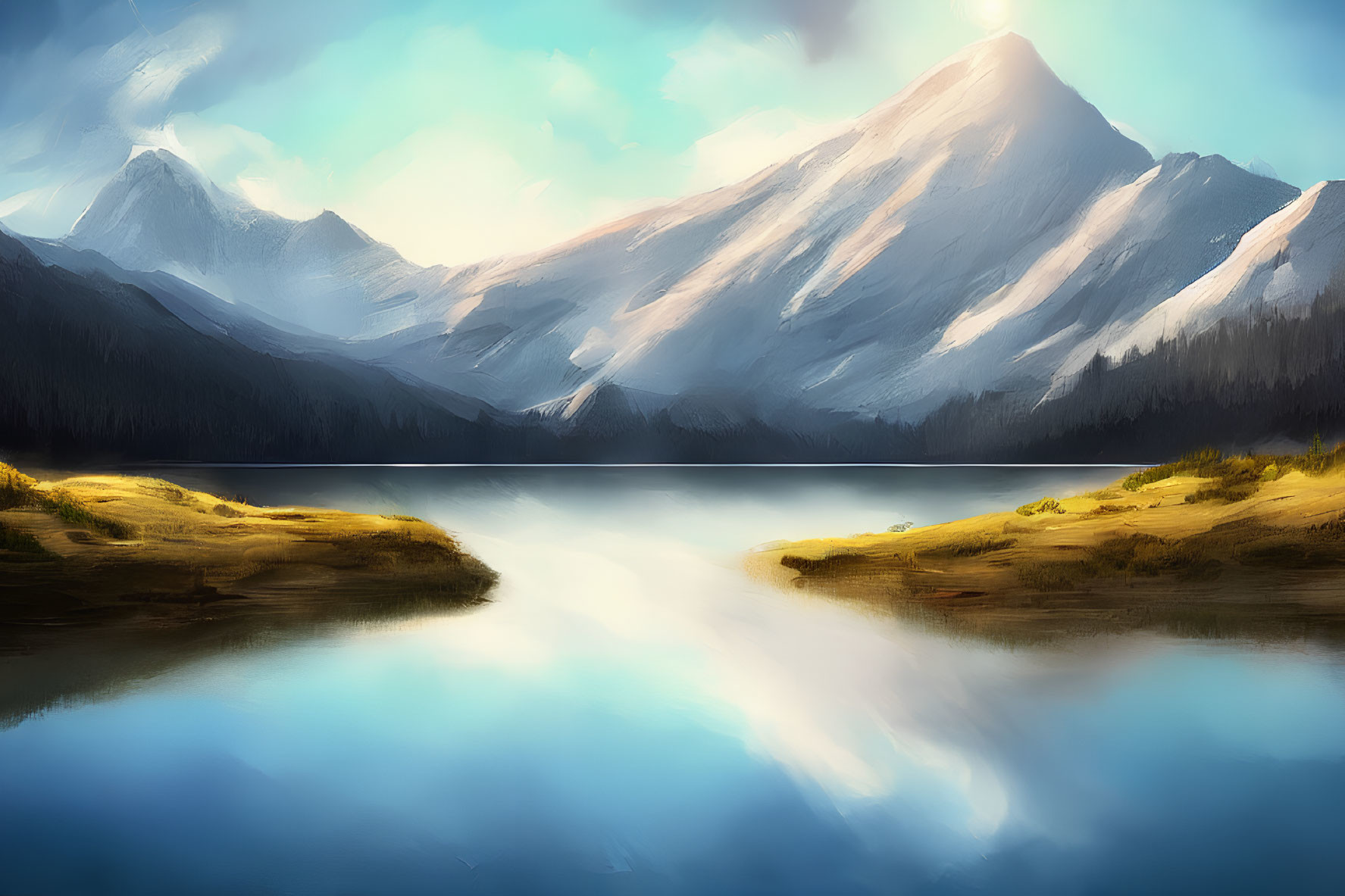 Tranquil landscape with reflective lake, grassy banks, and snow-capped mountains