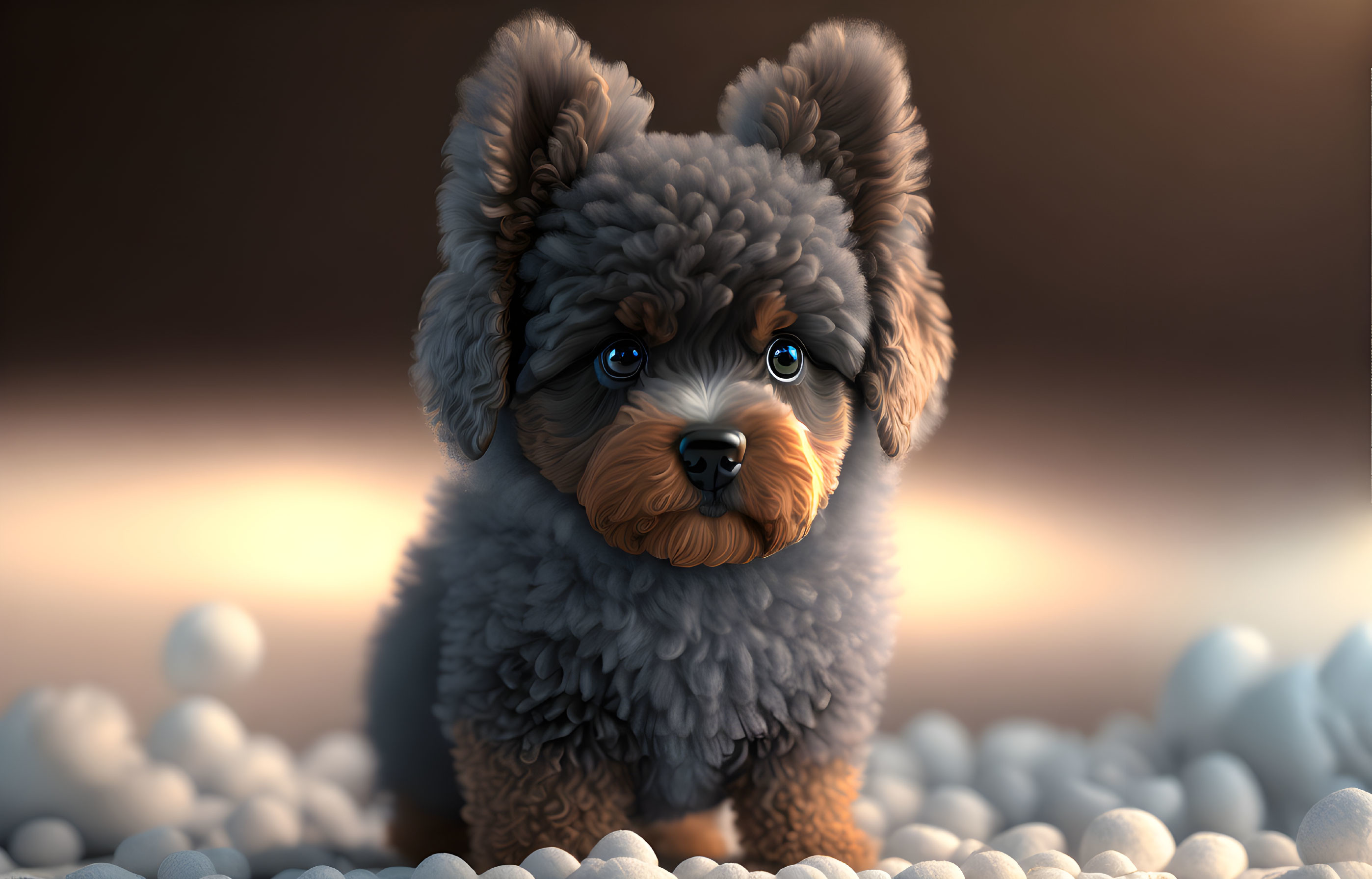 Fluffy black and brown puppy surrounded by white spheres