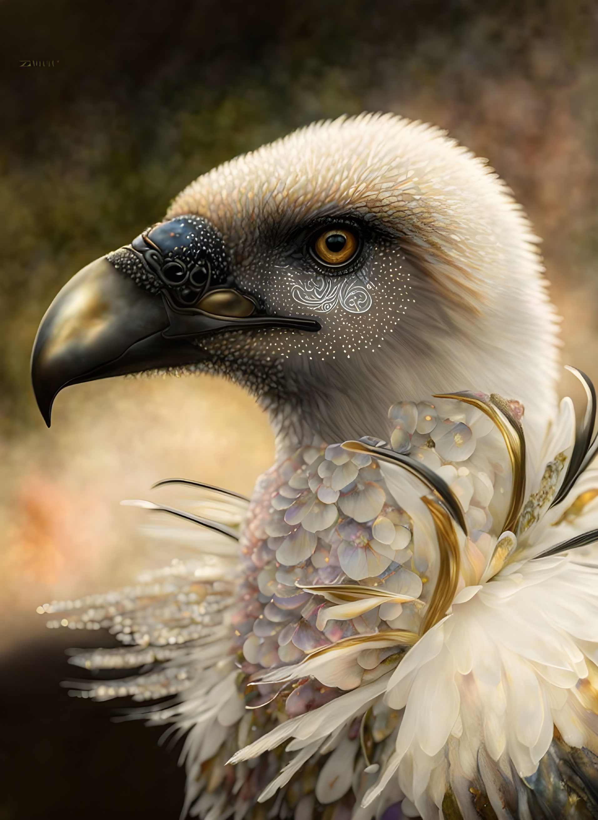 Ornate metallic beak guard on bird with decorative feathers