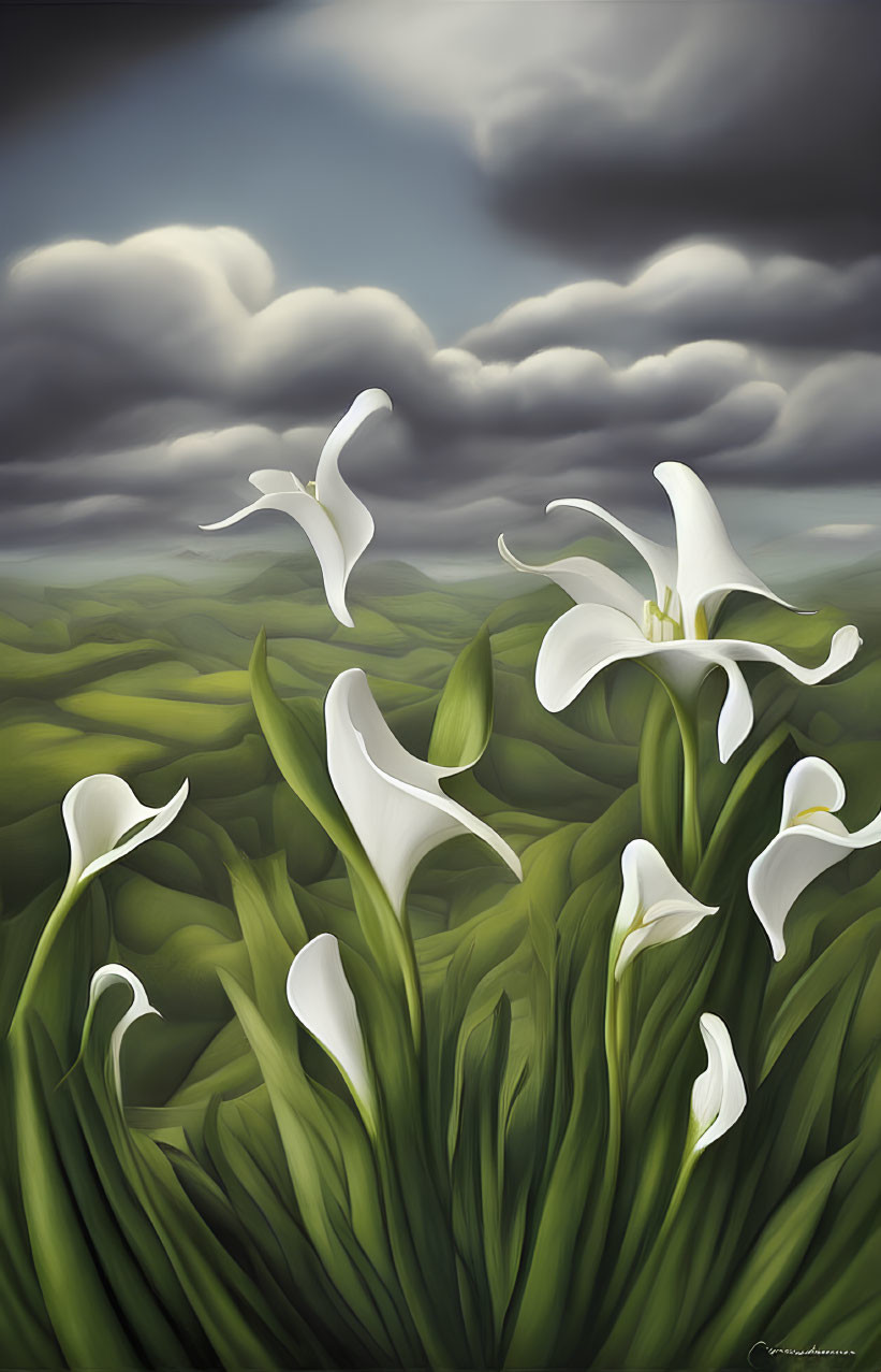 White Calla Lilies Blooming in Serene Landscape