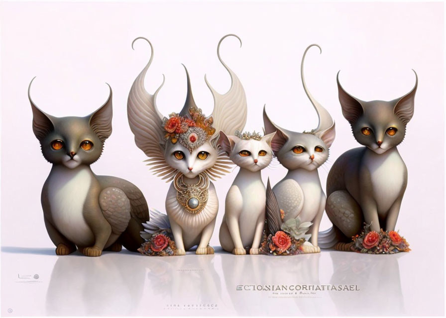 Whimsical cat illustrations with flowers and jewelry on light background