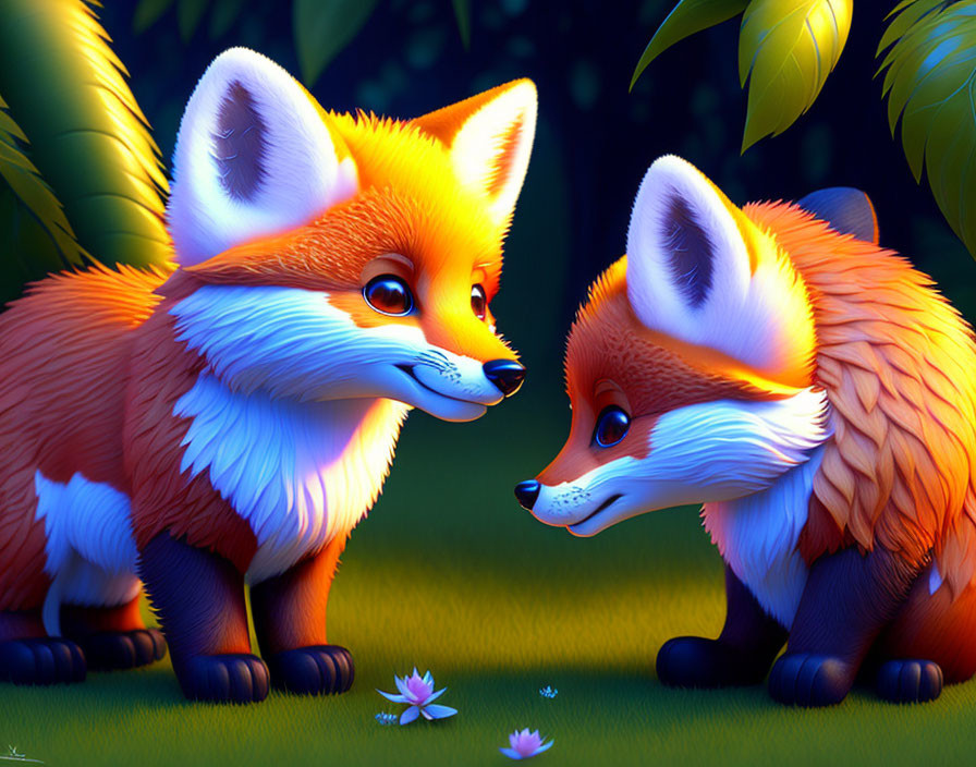 Colorful Cartoon Foxes in Intimate Scene at Twilight