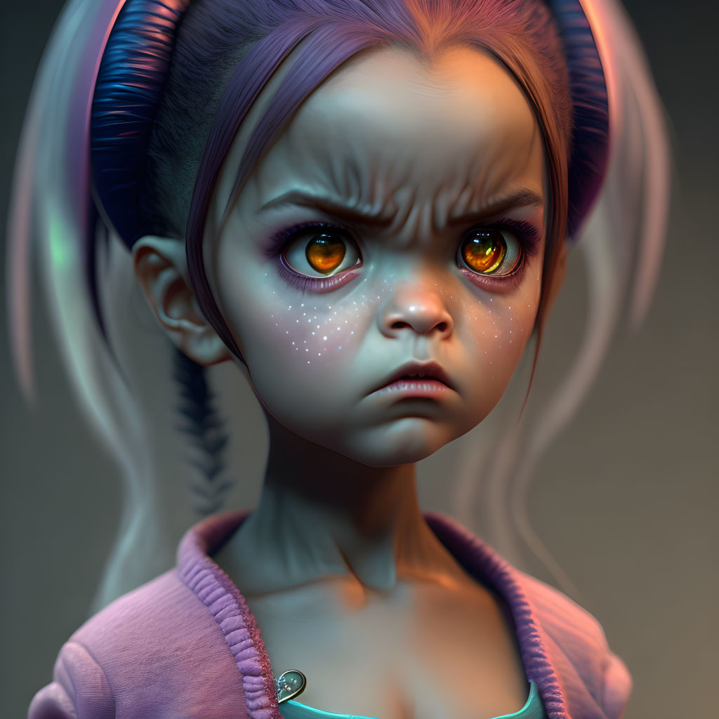 Exaggerated 3D illustration of young girl with orange eyes and purple hair