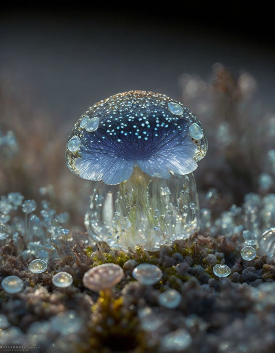 Luminescent Blue Mushroom with Water Droplets in Miniature Landscape