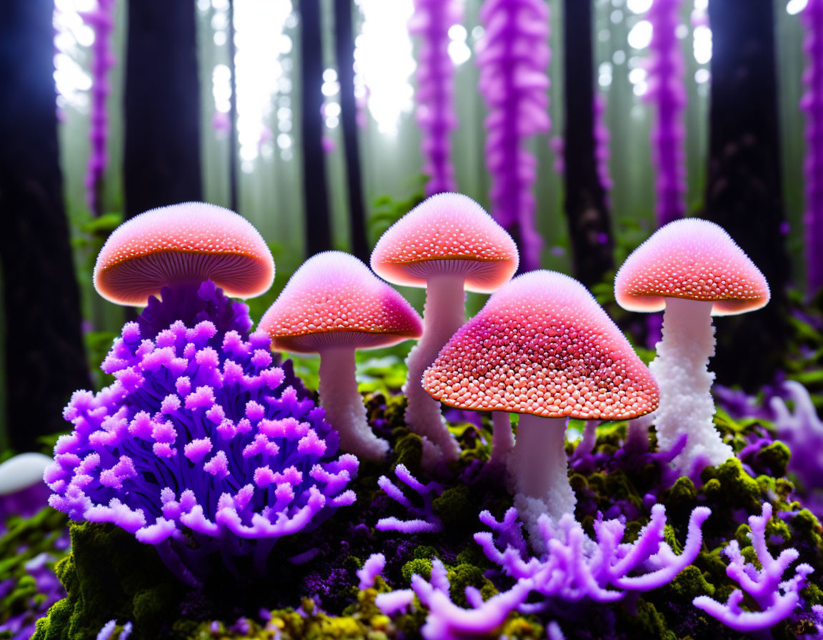 Colorful Bioluminescent Mushrooms and Purple Coral-like Plants in Soft-focus Forest Scene