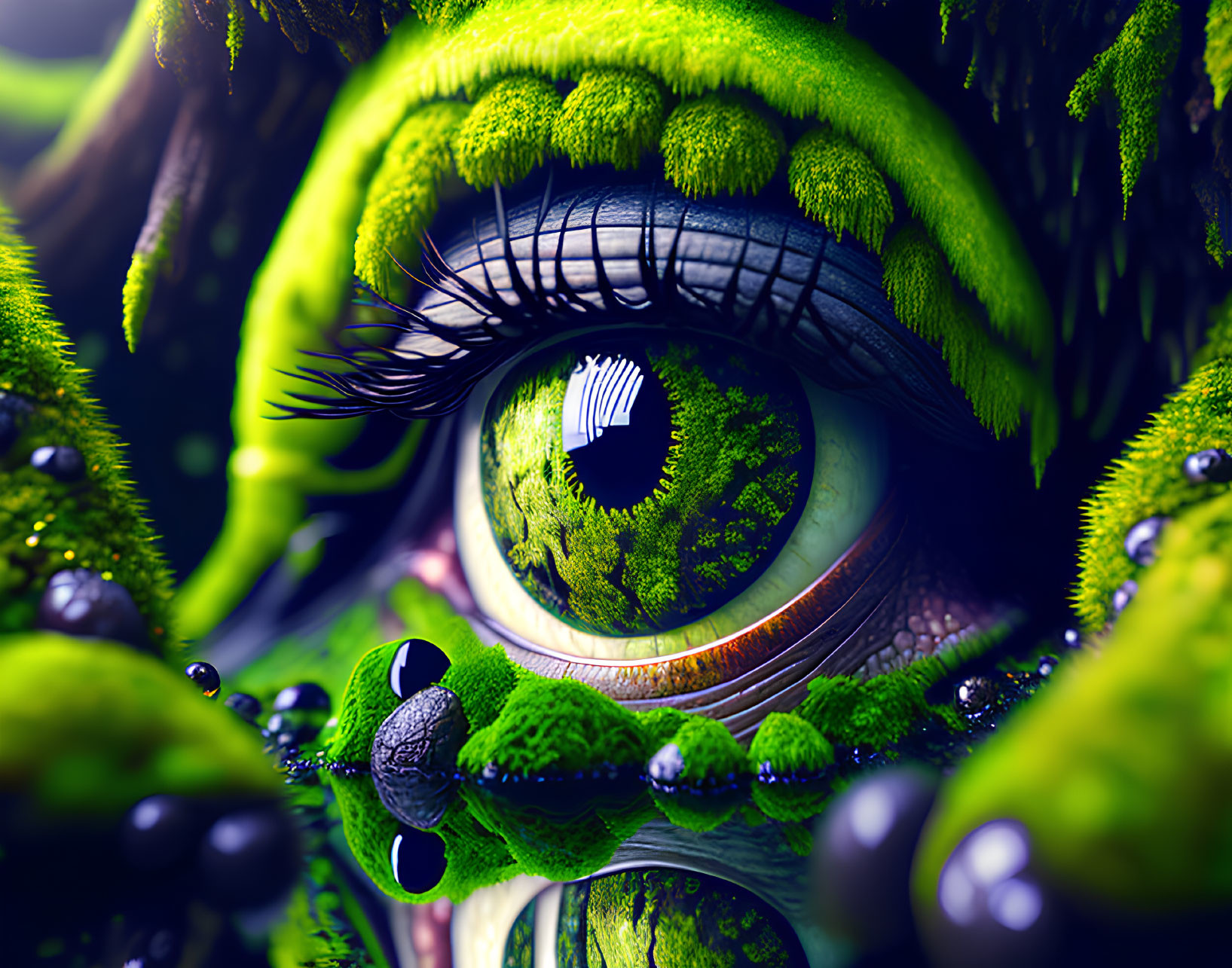 Close-up image of green eye with moss-like textures and lush vegetation reflection