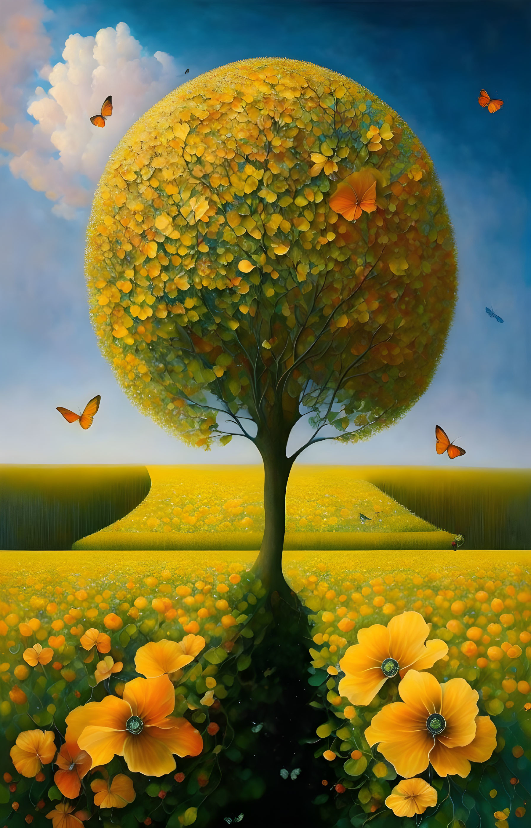 Colorful painting of a yellow-leaved tree in a field of orange flowers with butterflies under a blue