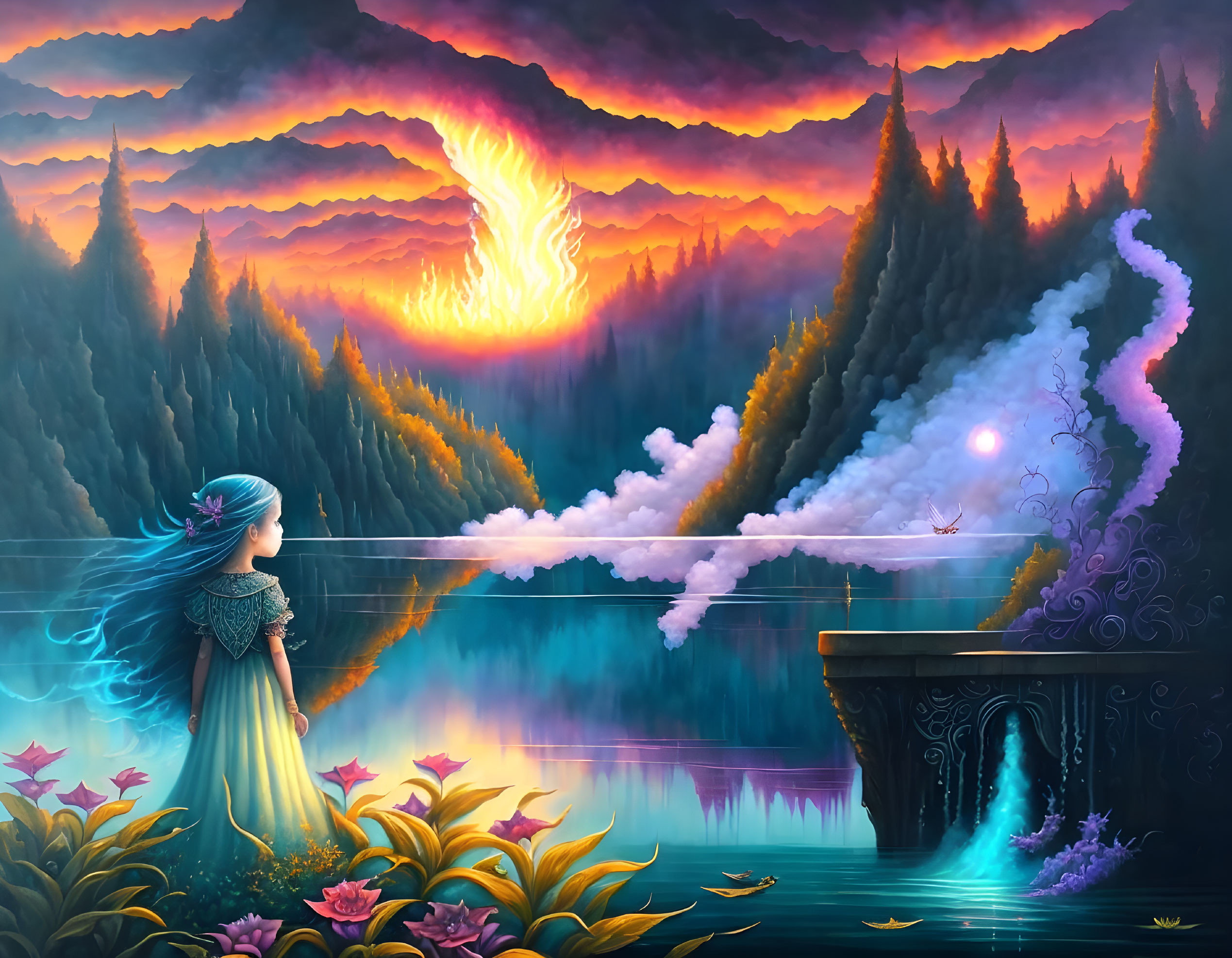 Woman on bridge with cloud dragon in fantasy sunset landscape