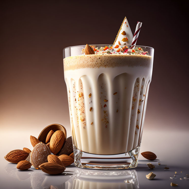 Festive milkshake with candy cane, sprinkles, and almonds on reflective surface