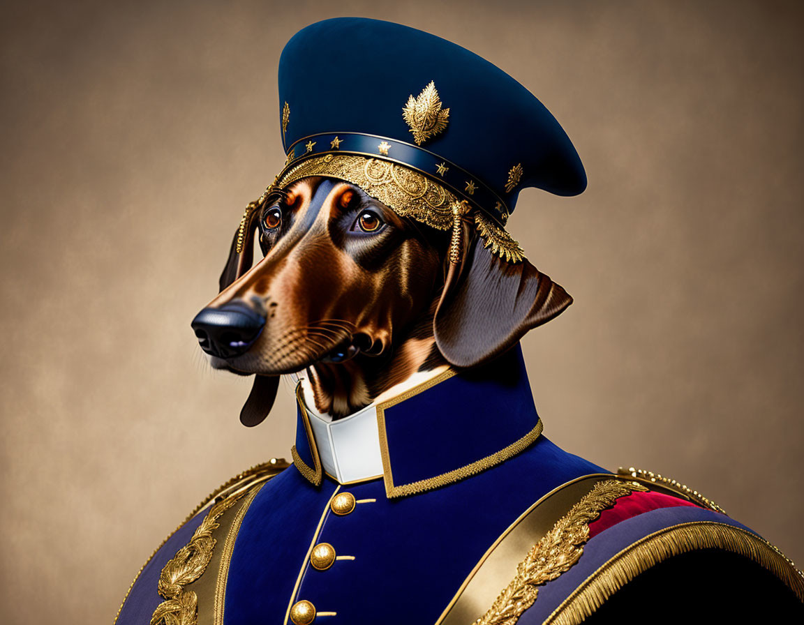 Digital Artwork: Dog in Historical Military Uniform on Tan Background