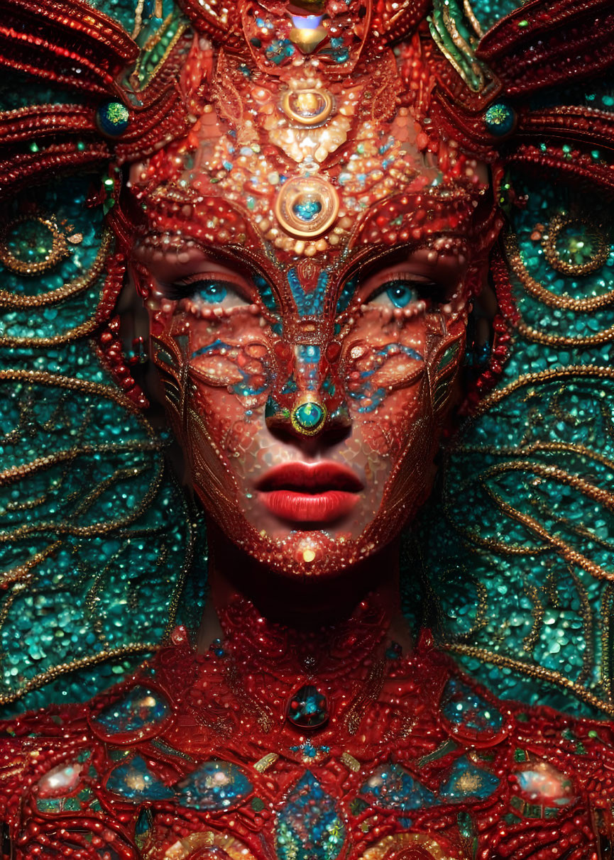 Colorful, detailed portrait of a person with ornate headgear and makeup