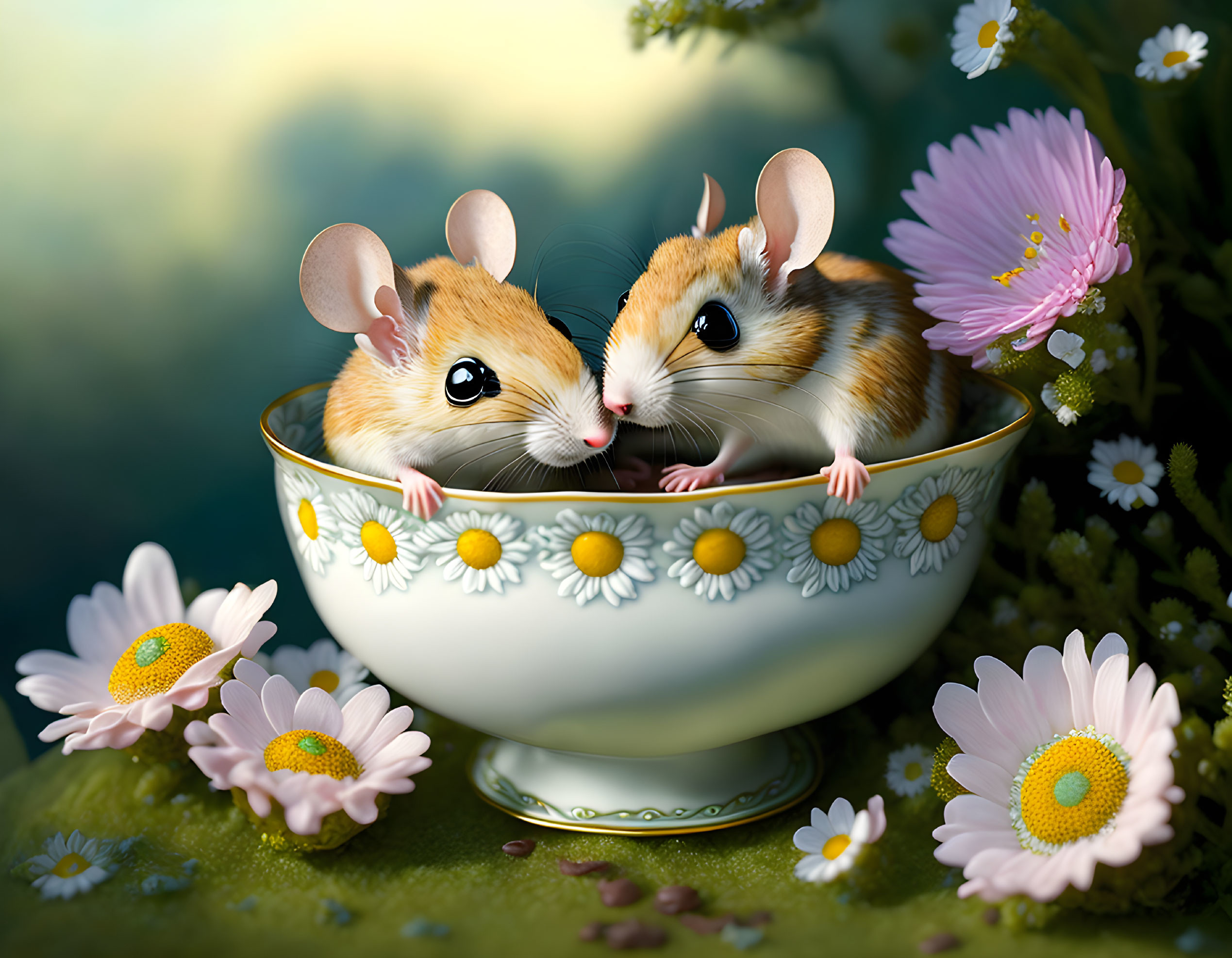 Illustrated mice in floral teacup with pink and white flowers