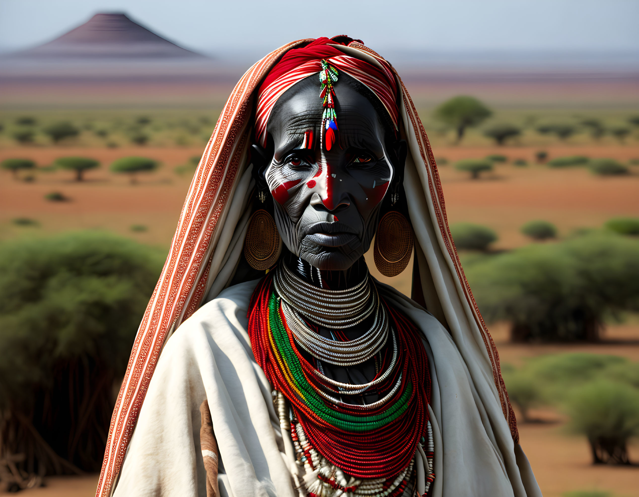 Person with facial paint and large earrings in desert landscape with trees and mountain.