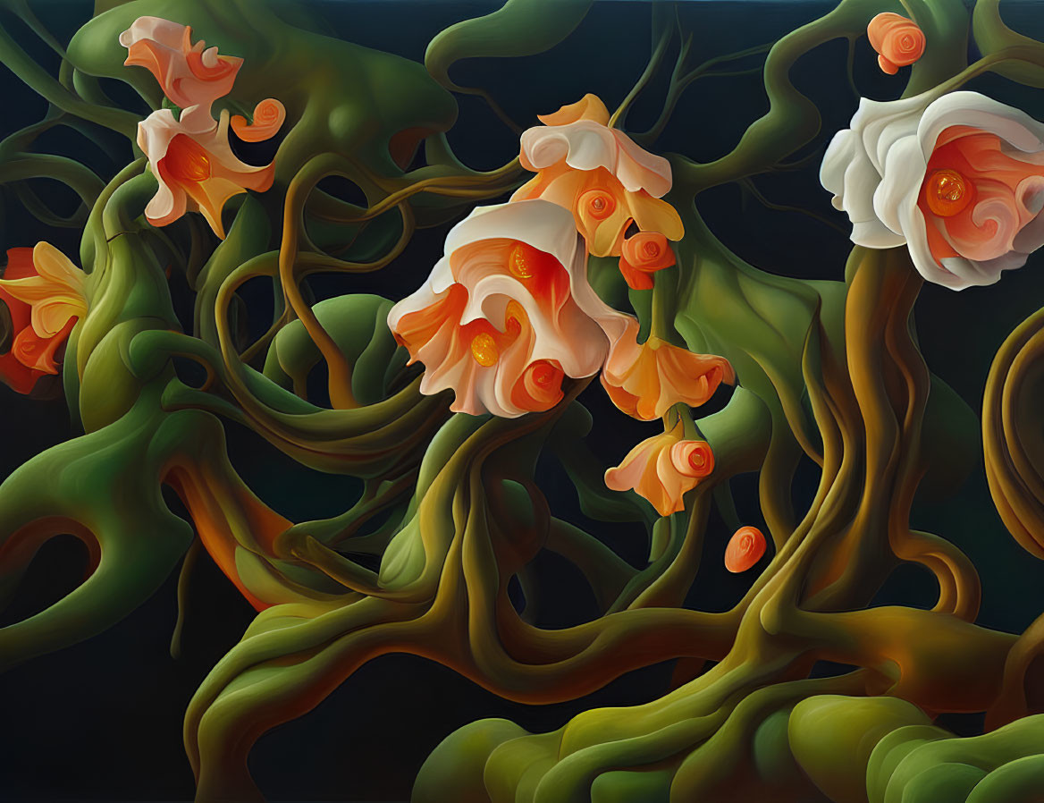 Colorful surreal painting with twisted green roots and delicate orange blossoms