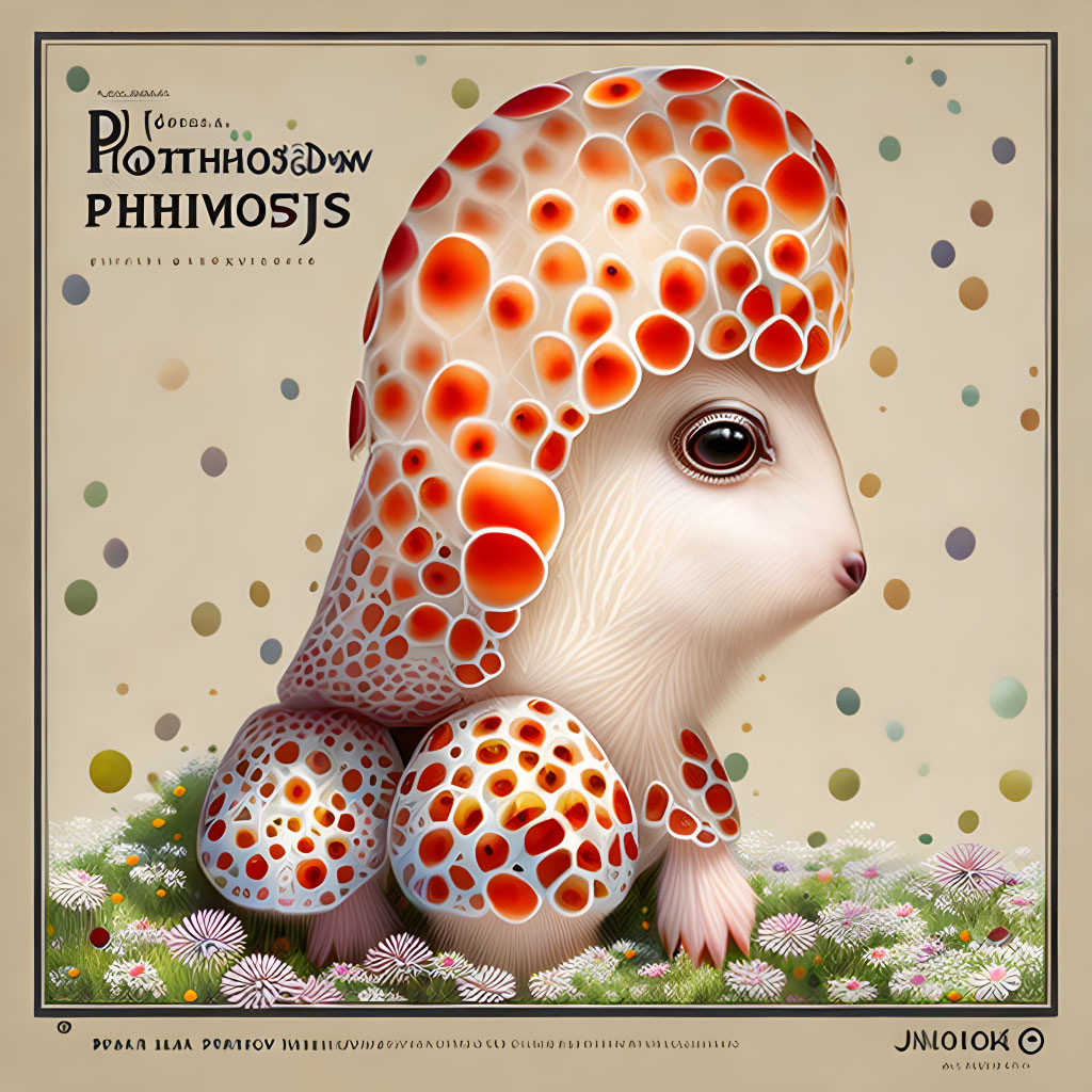 Illustration of whimsical creature with mushroom cap body in ornate patterns, blending fungus and animal features