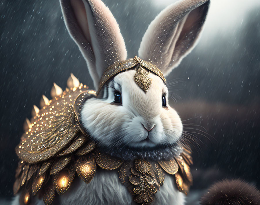 Majestic rabbit in gold armor on snowy backdrop