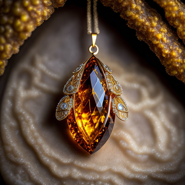 Amber Pendant with Diamond Accents on Gold Setting