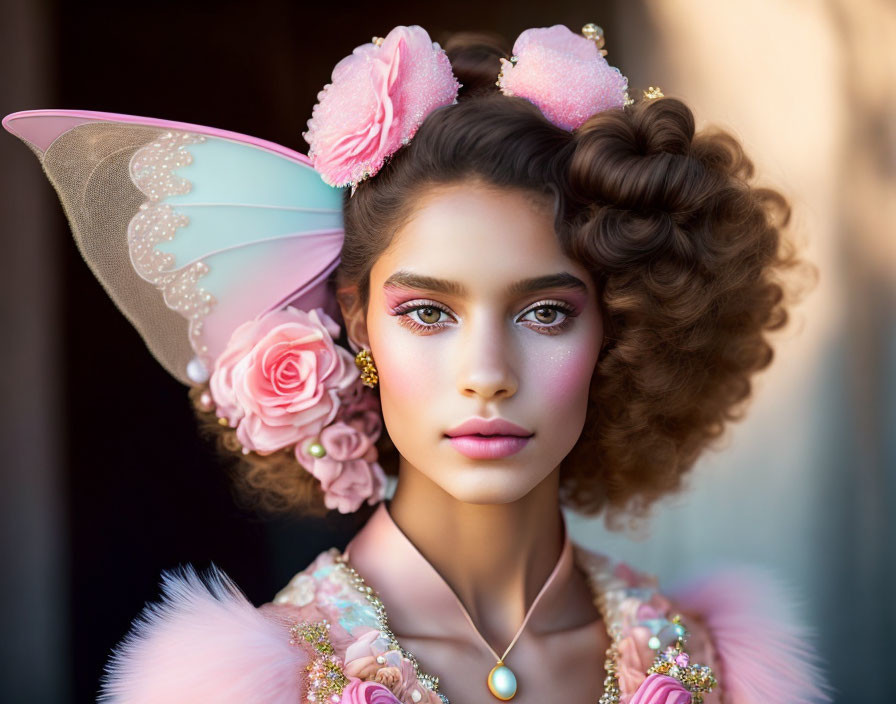 Woman in whimsical fairy costume with butterfly wings and pastel colors