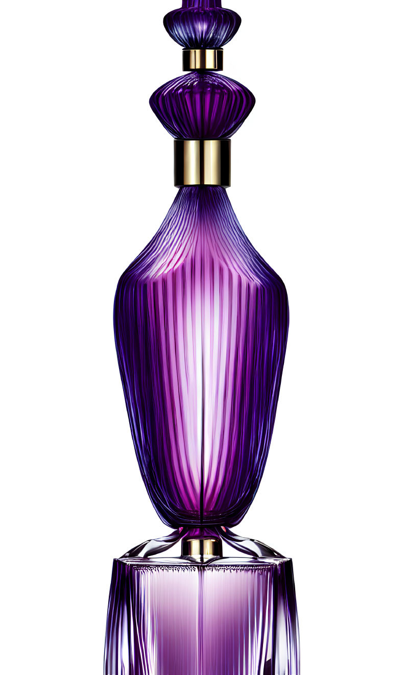 Purple Glass Perfume Bottle with Ribbed Design and Ornate Stopper