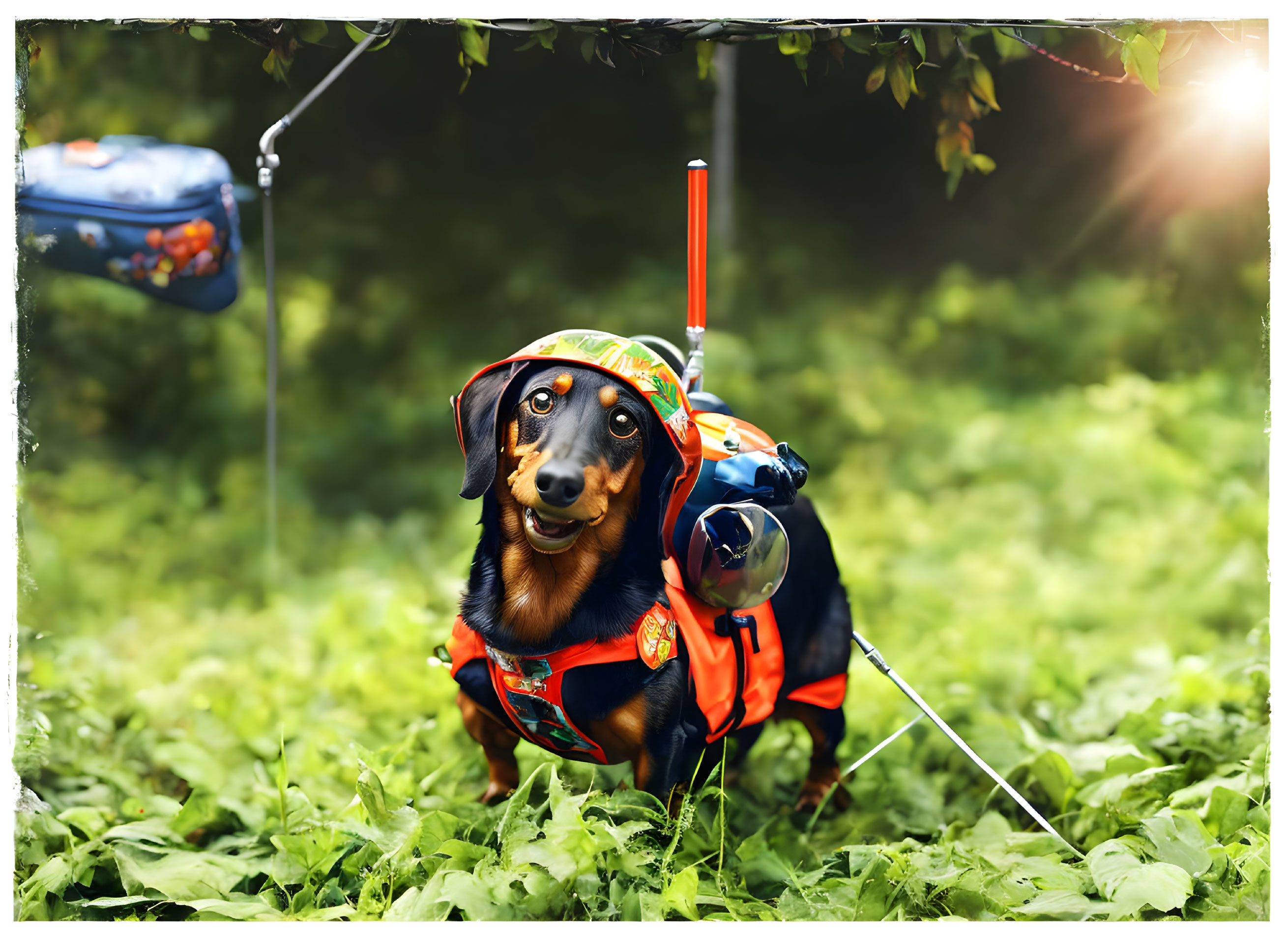 Colorfully Dressed Dachshund Fishing in Lush Greenery