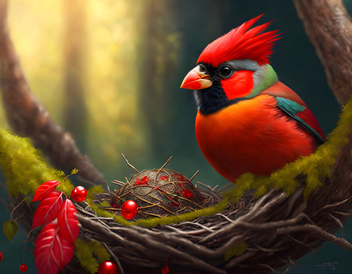 Colorful Cardinal and Nest with Jeweled Eggs in Mystical Forest