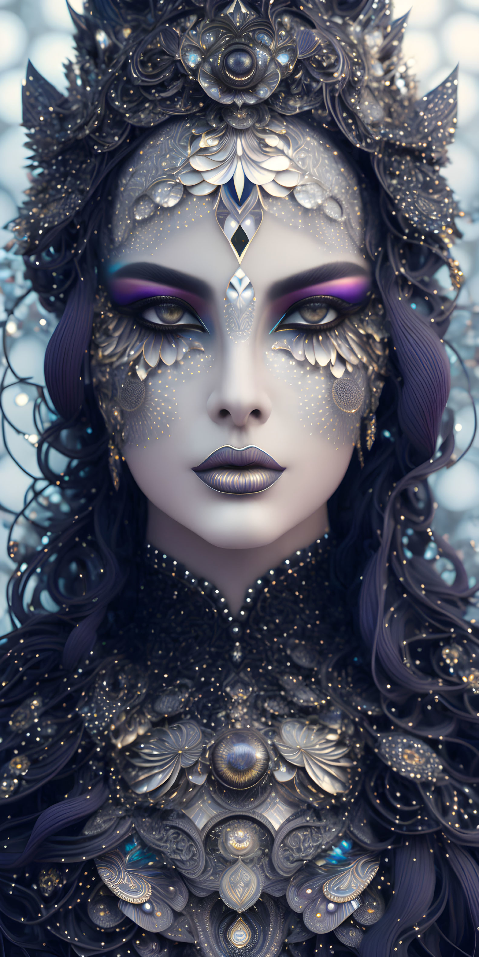 Detailed digital portrait of woman in ornate headdress and jewelry with deep purples and peacock