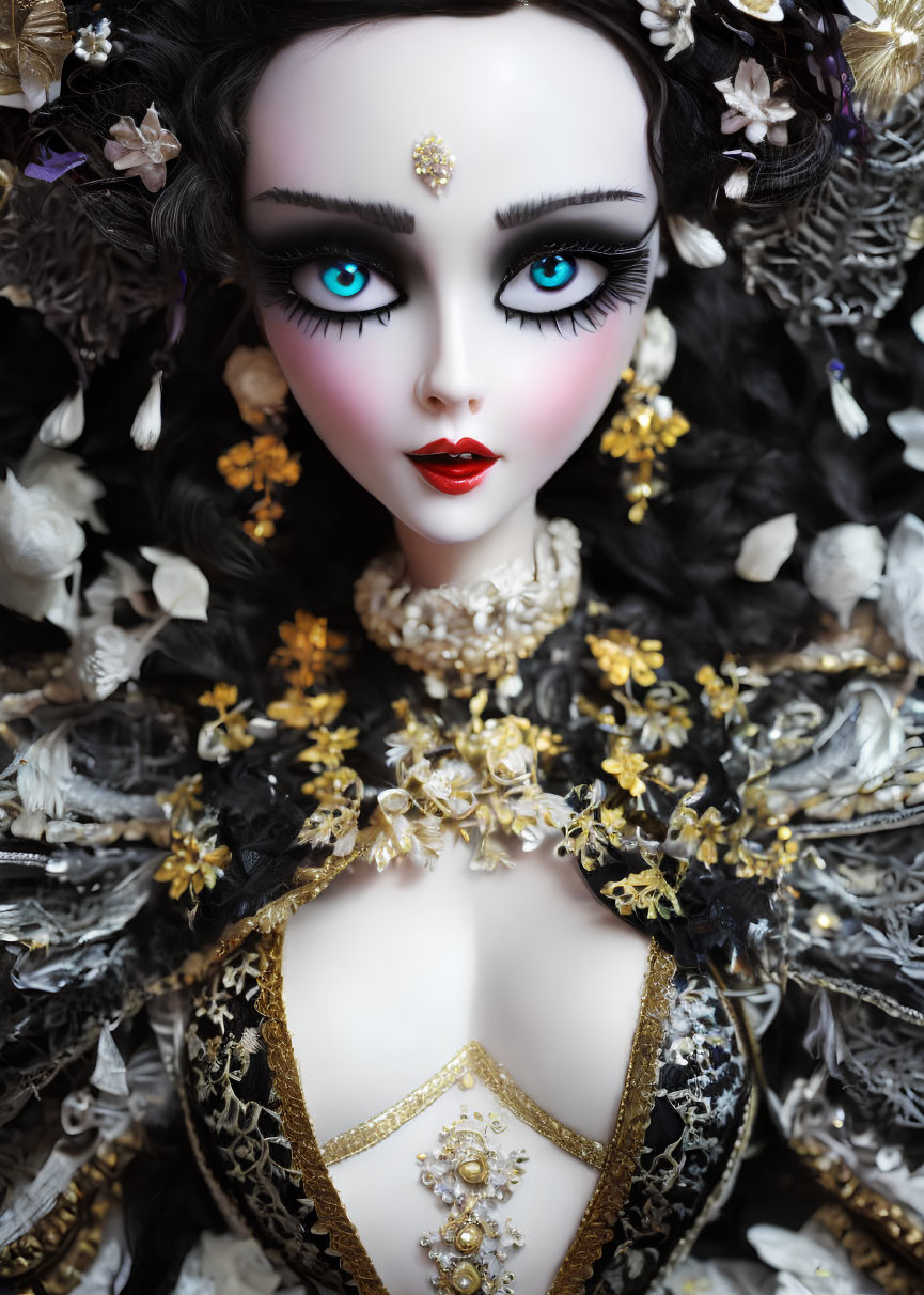 Dark-haired doll in ornate gold and black attire with blue eyes and red lips.