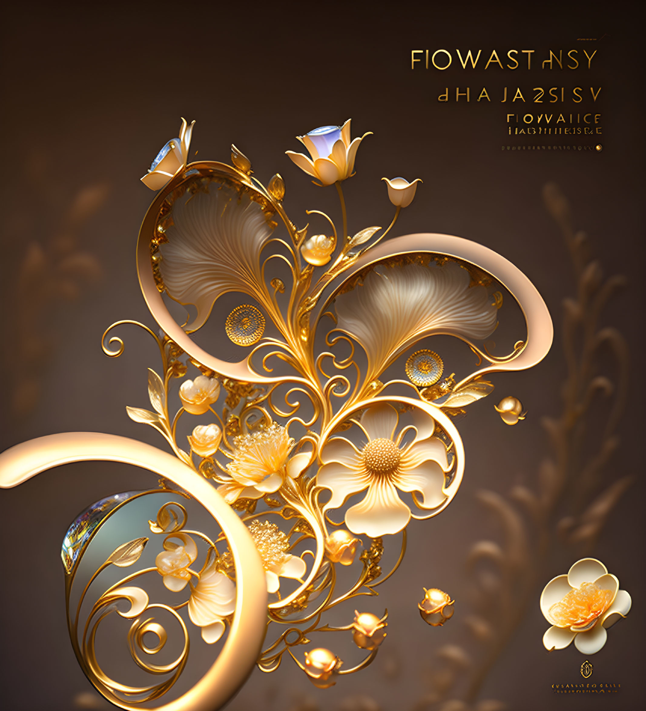 Golden floral design with swirling patterns on brown background and elegant lettering