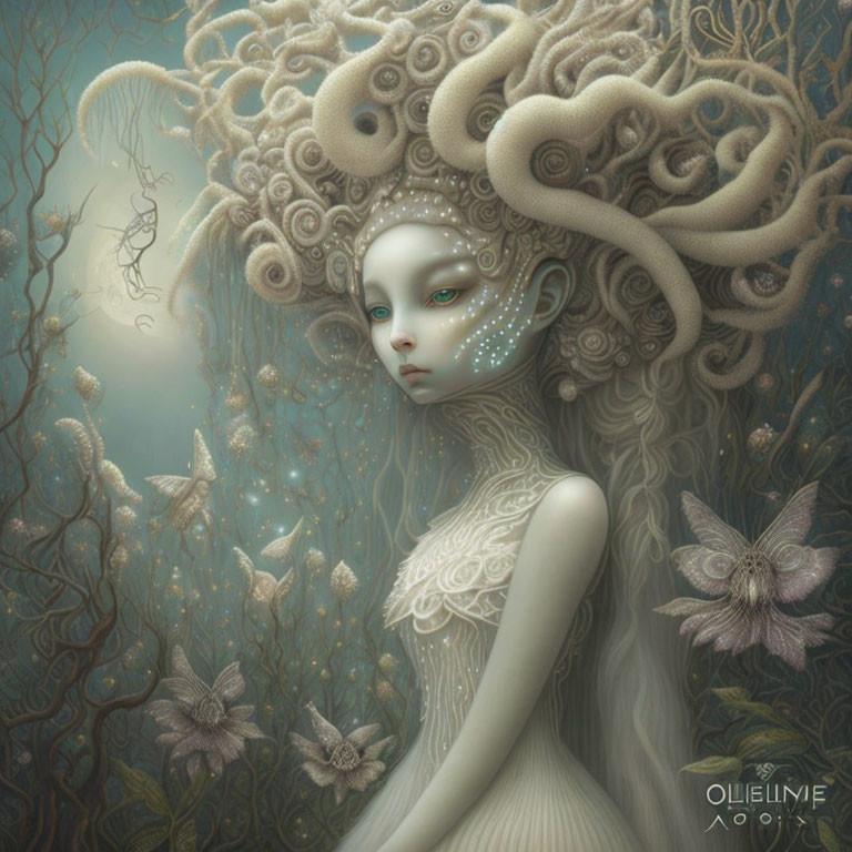 Fantastical portrait of pale-skinned female figure with tentacle crown in misty forest setting