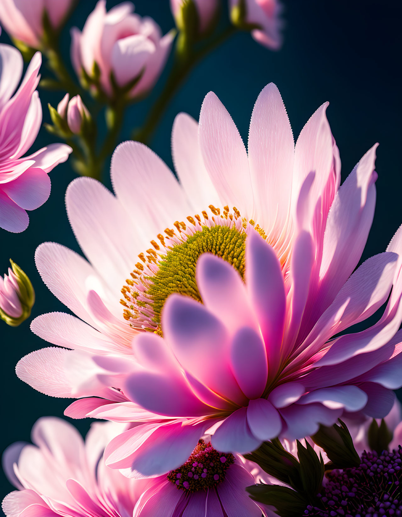 Vibrant Pink Gerbera Flower with Golden Center on Deep Blue Background