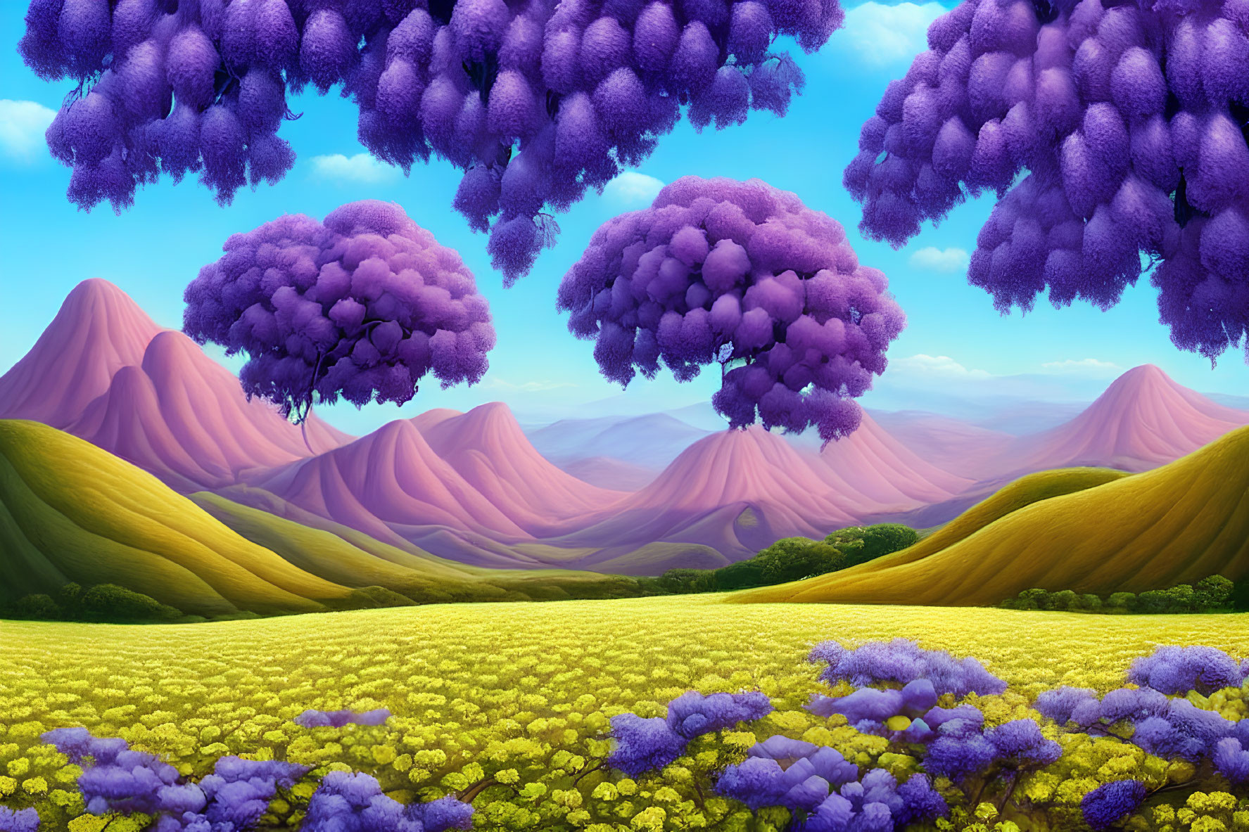 Lavender-hued trees float over green hills and purple mountains in whimsical landscape