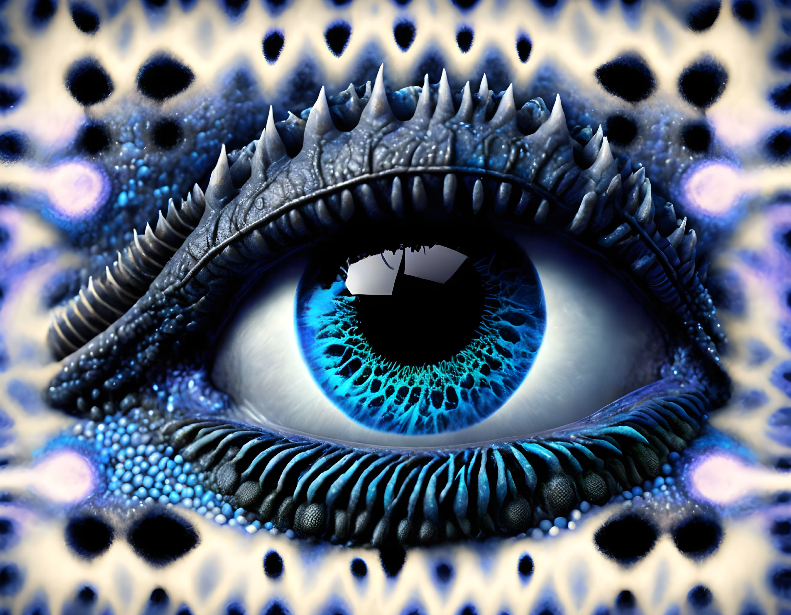 Vivid blue reptilian eye with detailed scales on abstract background