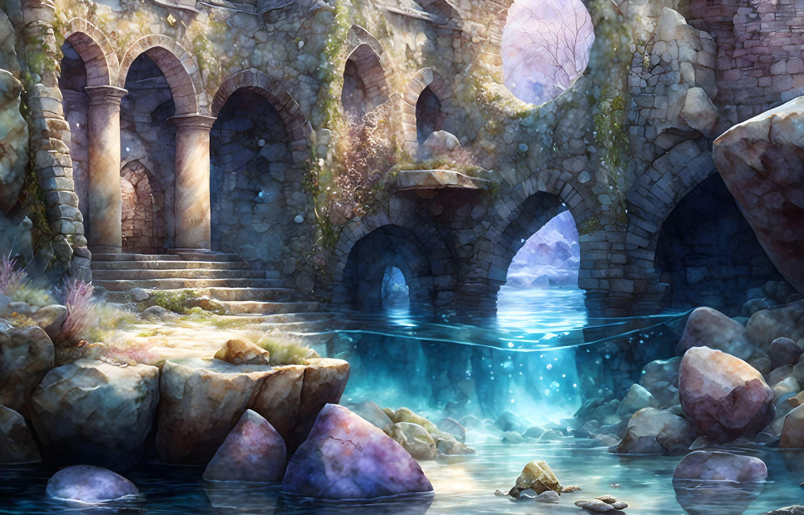 Ancient ruins with arches and stairways near luminous turquoise water