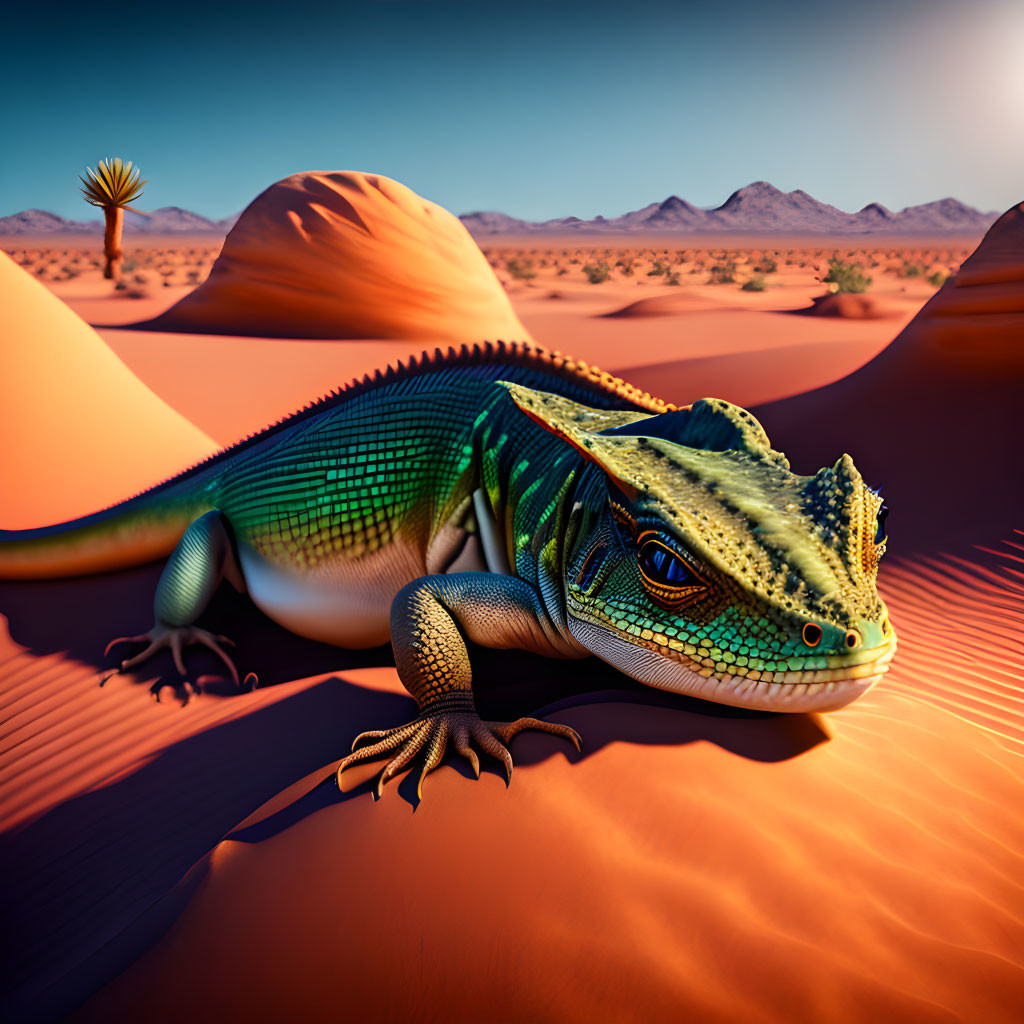 Colorful Green Lizard with Blue Stripes in Desert Landscape