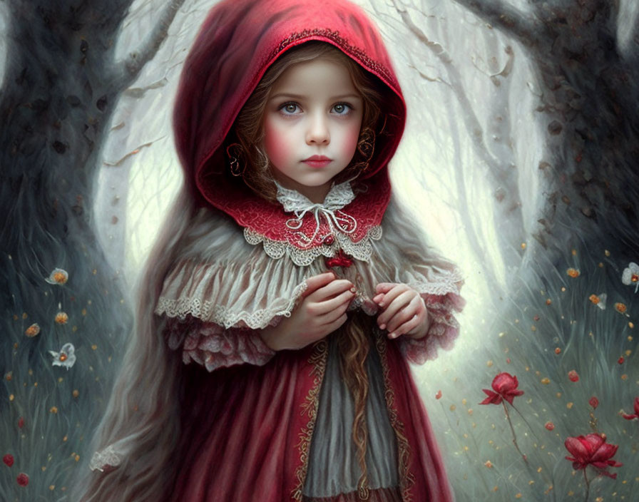 Young girl in red hooded cloak in whimsical forest with floating petals & soft light