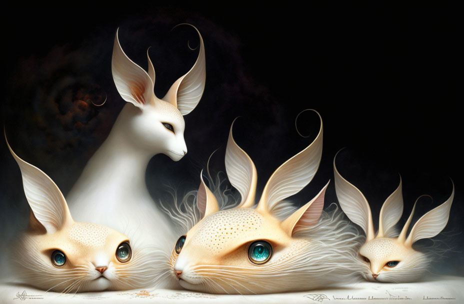 Stylized fantasy creatures with feline features on dark background