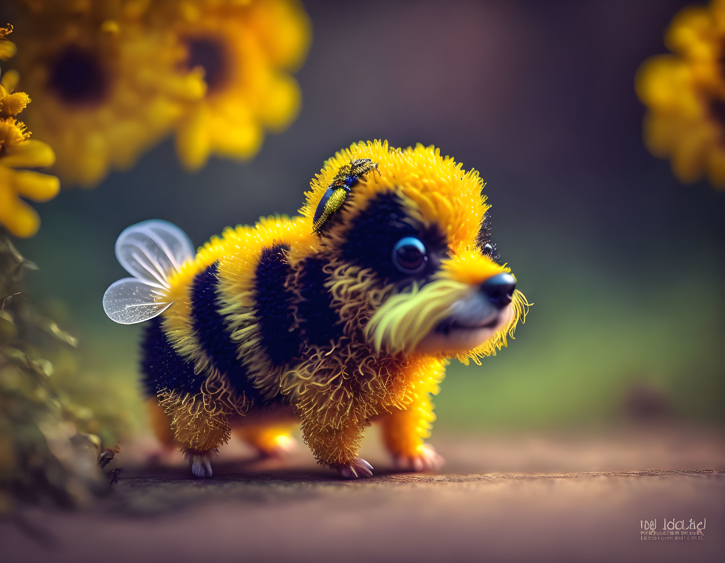 Adorable puppy-bodied bee creature among sunflowers