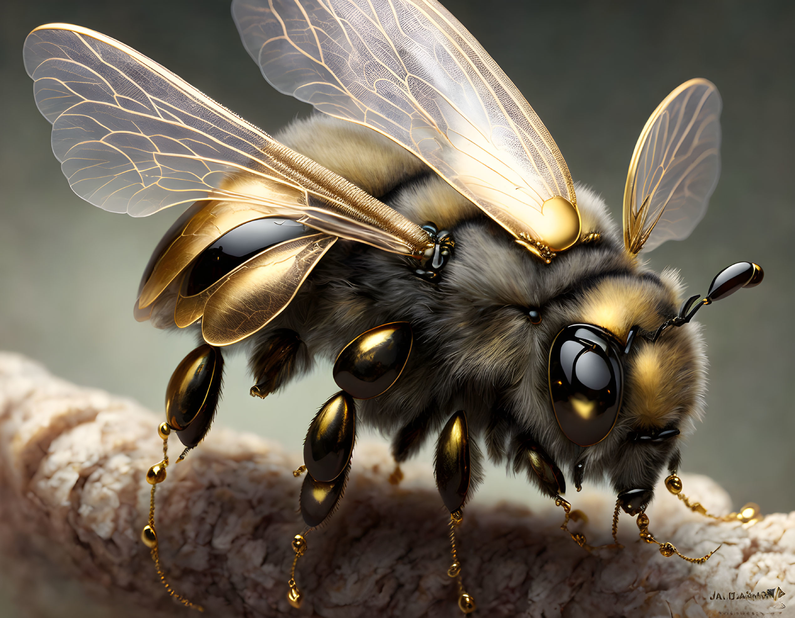 Golden mechanical bee digital illustration with shimmering wings and intricate gears.