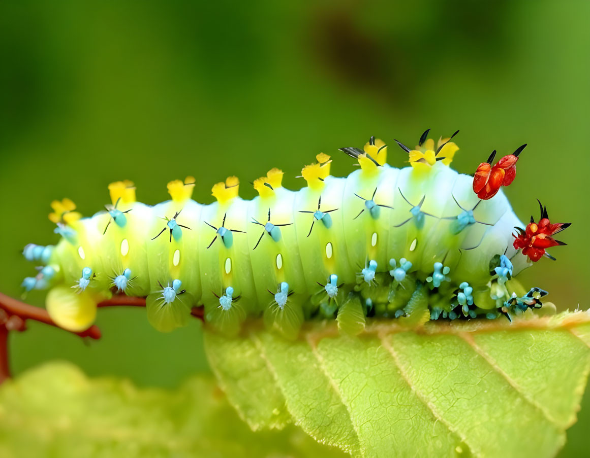 Vibrant colorful caterpillar on green leaf with blue, yellow, and red appendages