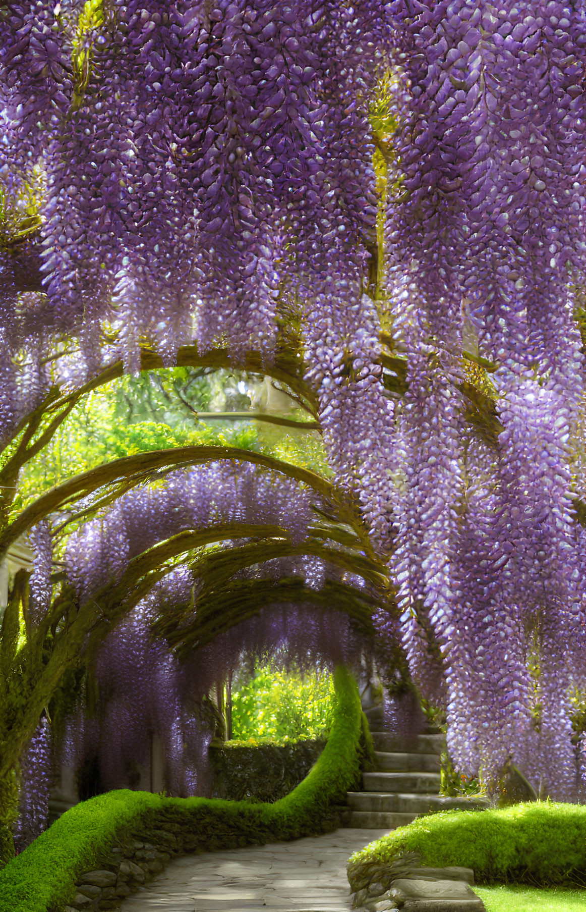 Vibrant purple wisteria tunnel in sunlit garden