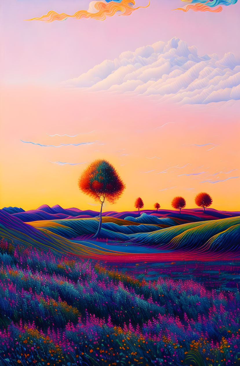 Colorful landscape painting with rolling hills, tree, and sunset sky