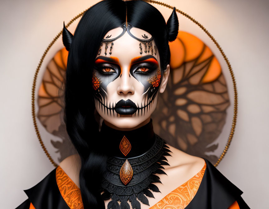 Person with black and orange skull-like makeup and horned headpiece in front of tree silhouettes