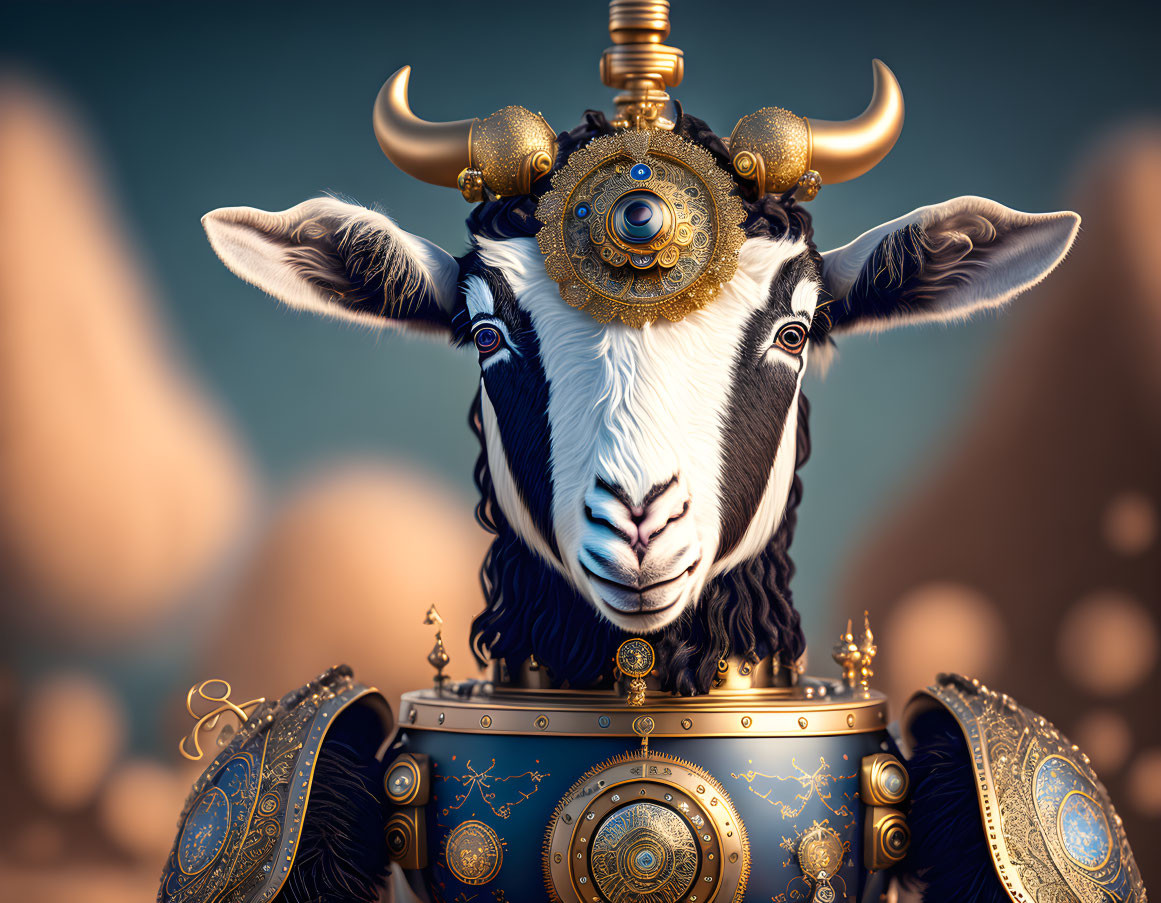 Majestic goat digital artwork with golden horn armor.