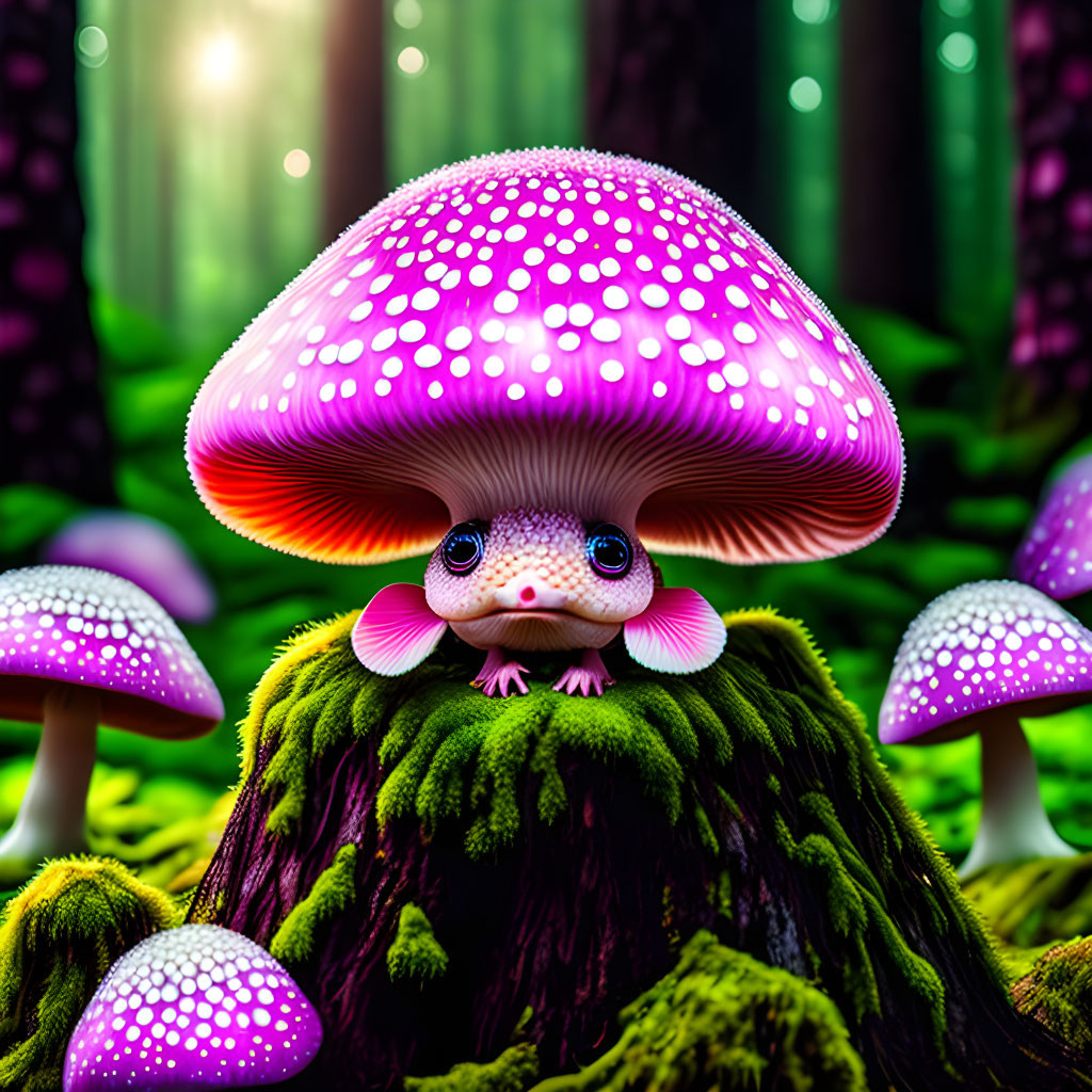 Fantastical illustration: Hedgehog-like creature under neon-pink mushroom