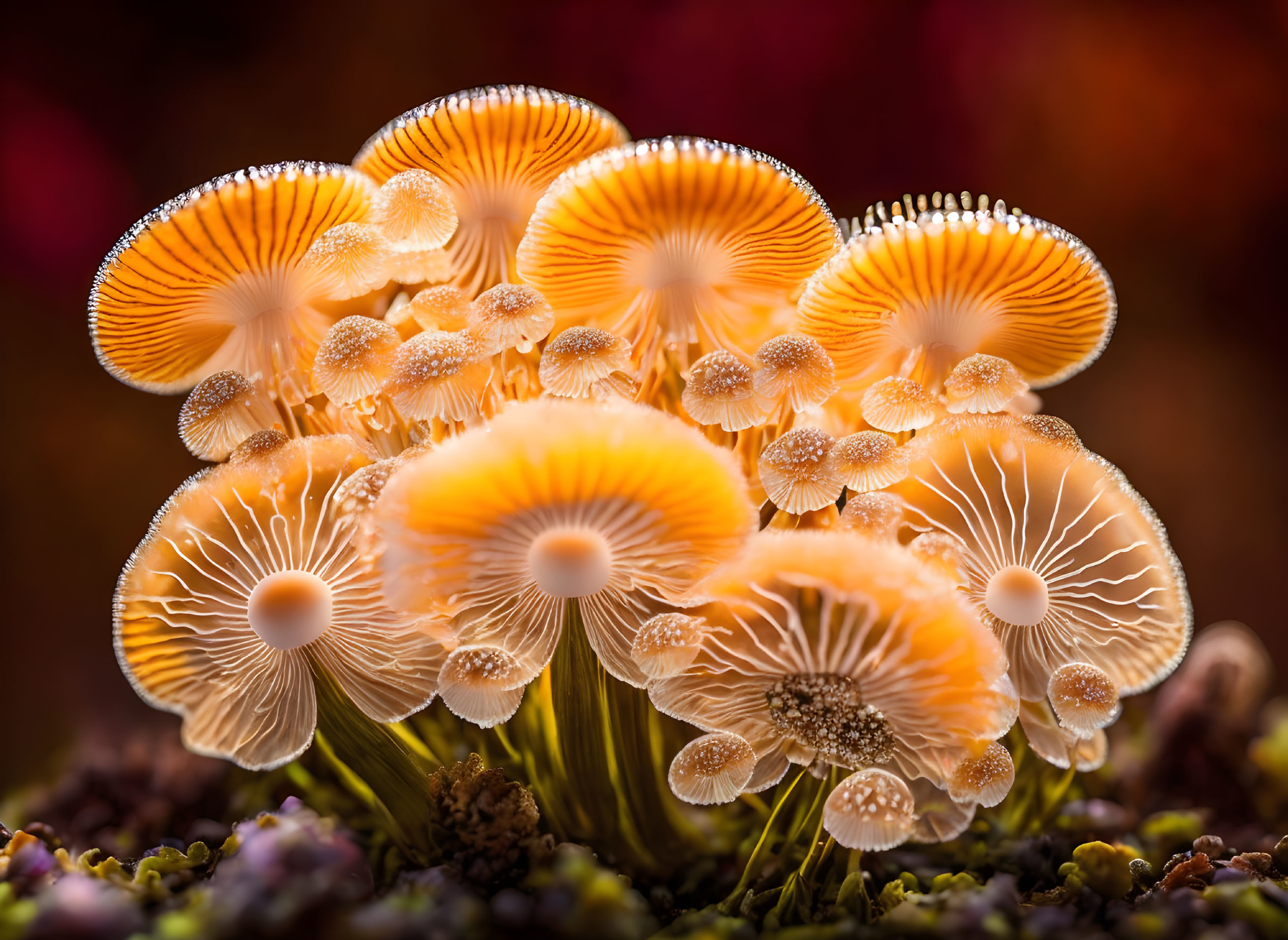 Vibrant orange mushrooms with visible gills on warm-toned background