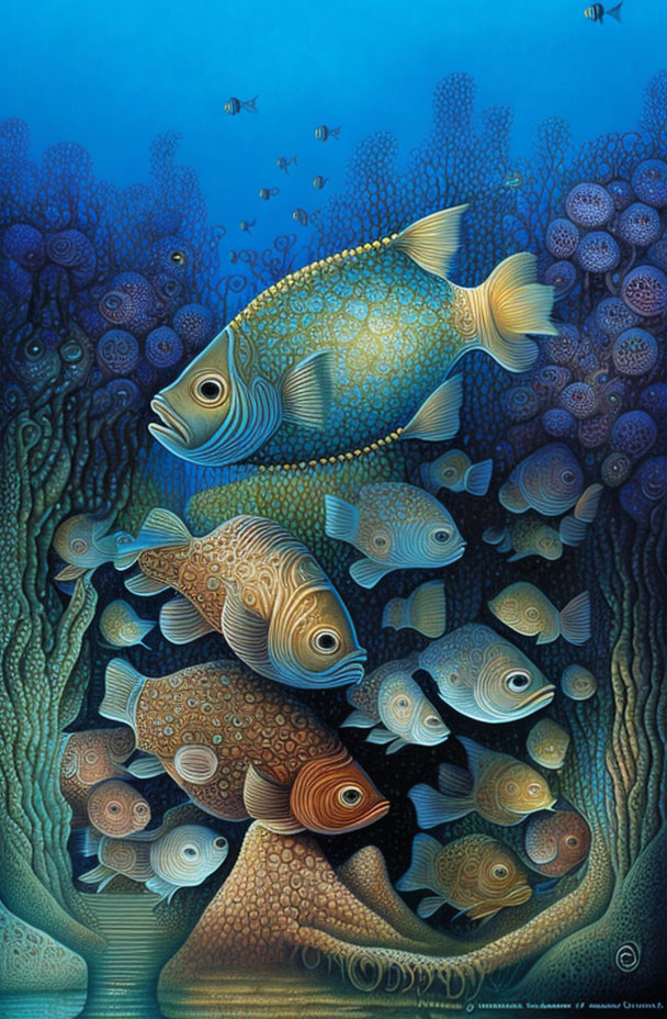 Aquatic scene with patterned fish and coral-like structures in blue-green hues