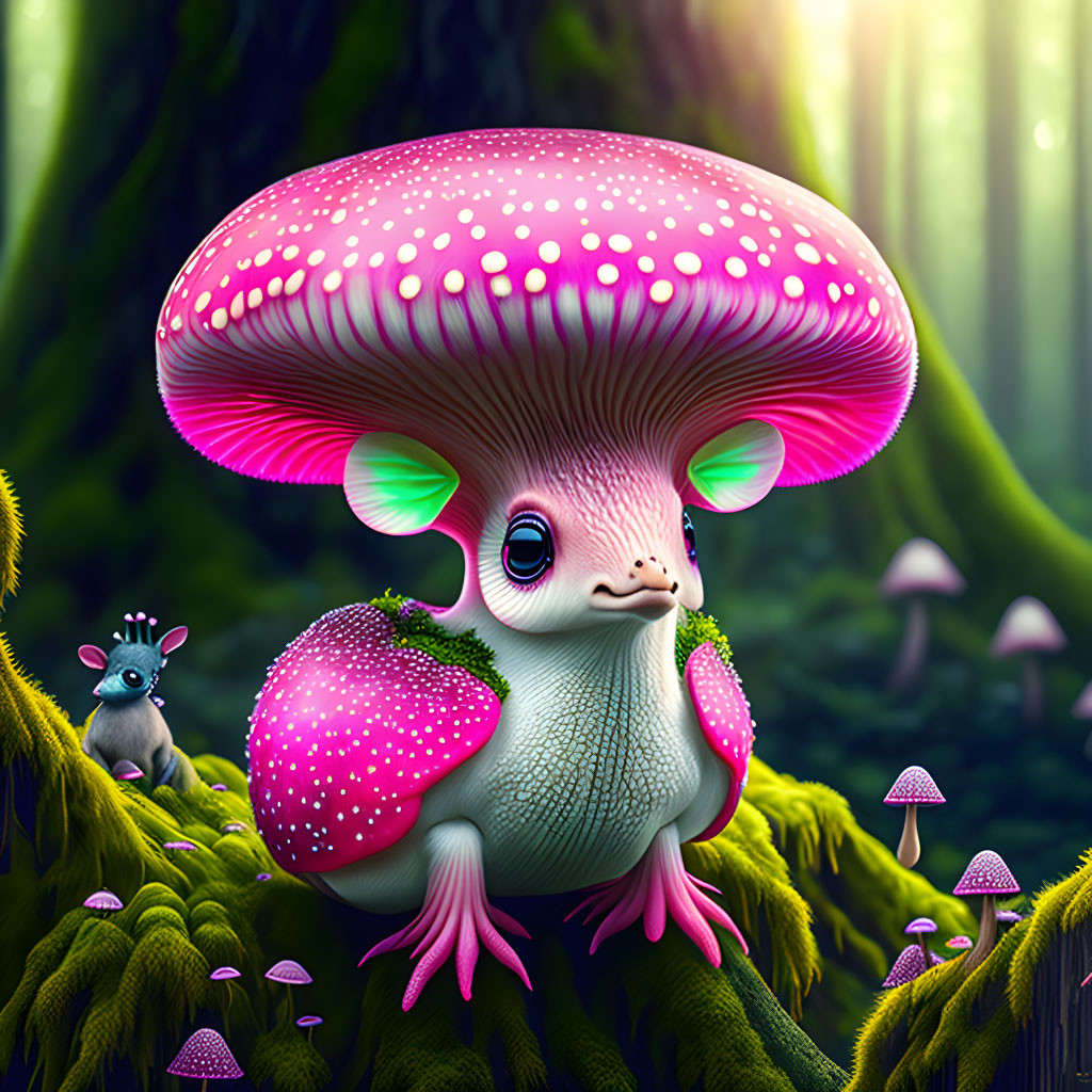 Whimsical pink mushroom creature in lush forest