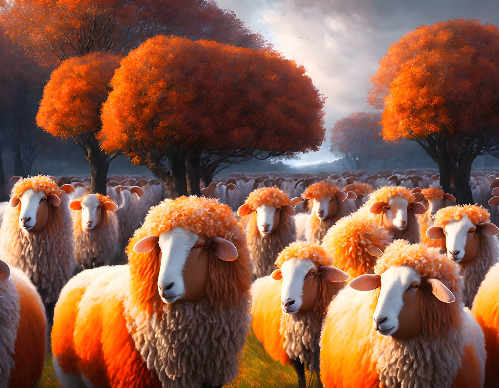 Digital artwork: Sheep with orange tree-like wool in autumn setting