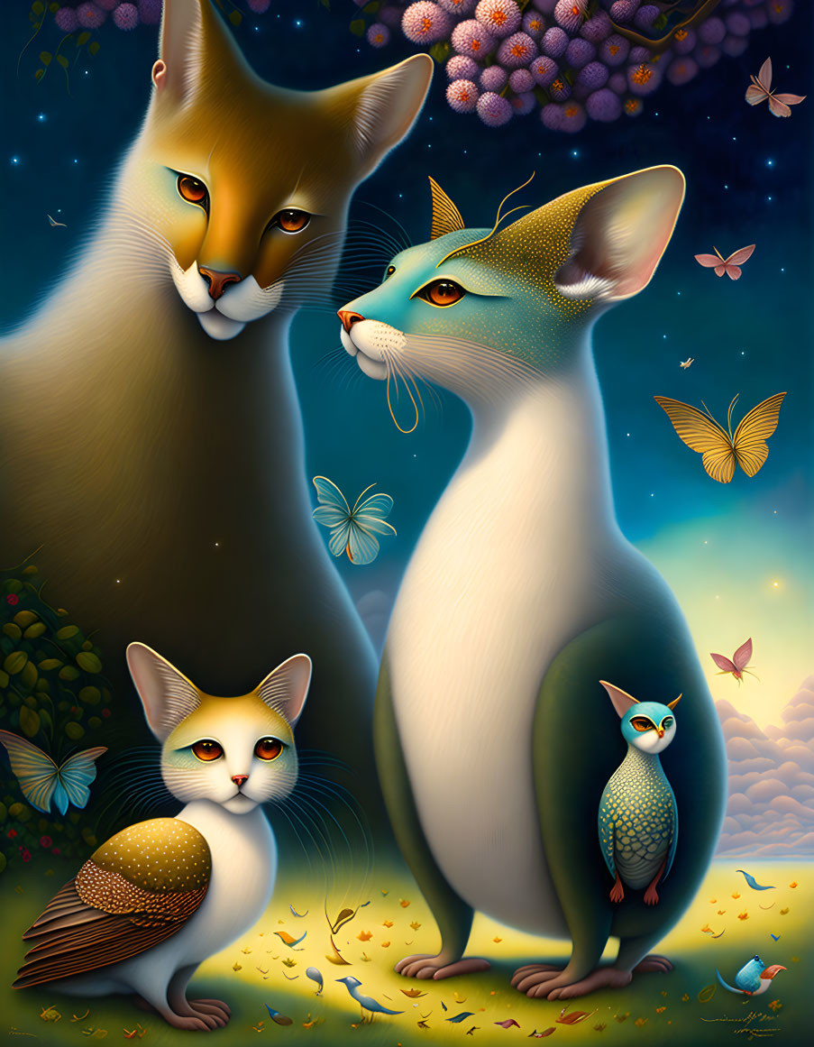 Four stylized anthropomorphic cats in vibrant, starry scene with butterflies